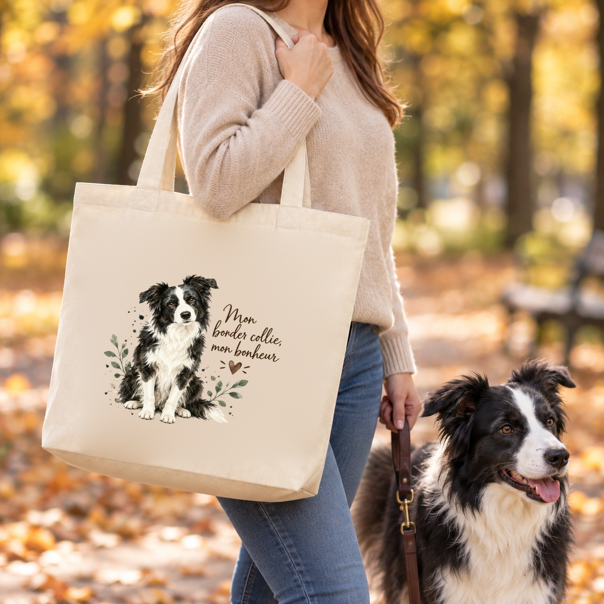 Tote bag border collie « Mon border collie, mon bonheur » Premium porté à l'épaule lors d'une balade d'automne, avec son border collie