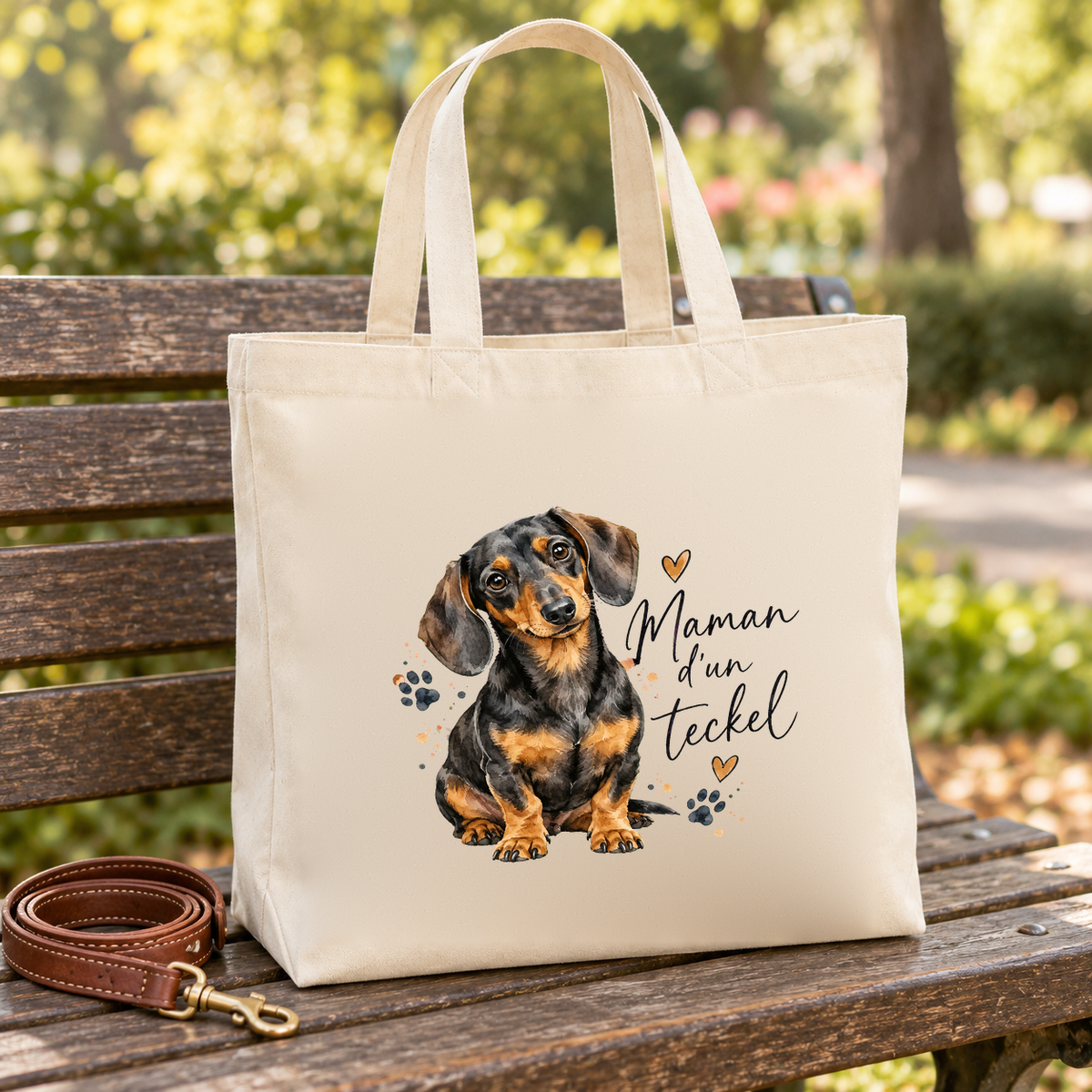 Tote bag teckel « Maman d'un teckel » Premium posé sur un banc de parc, à côté d'une laisse