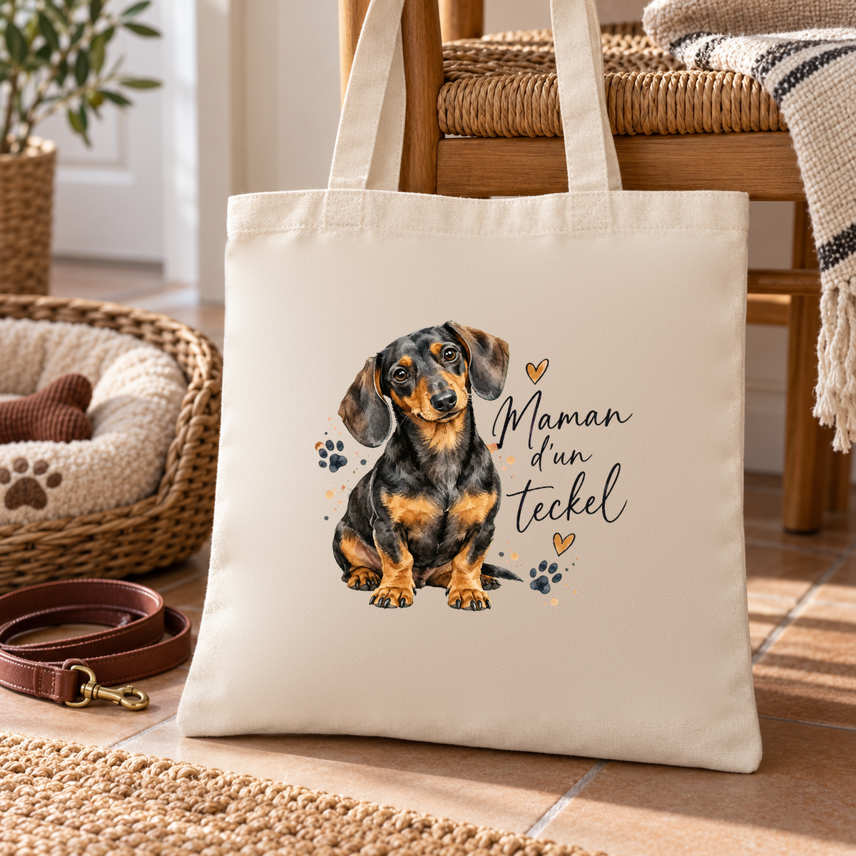 Tote bag teckel « Maman d'un teckel » Essentiel posé sur un tapis d'entrée, à côté d'un panier pour chien et d'une laisse