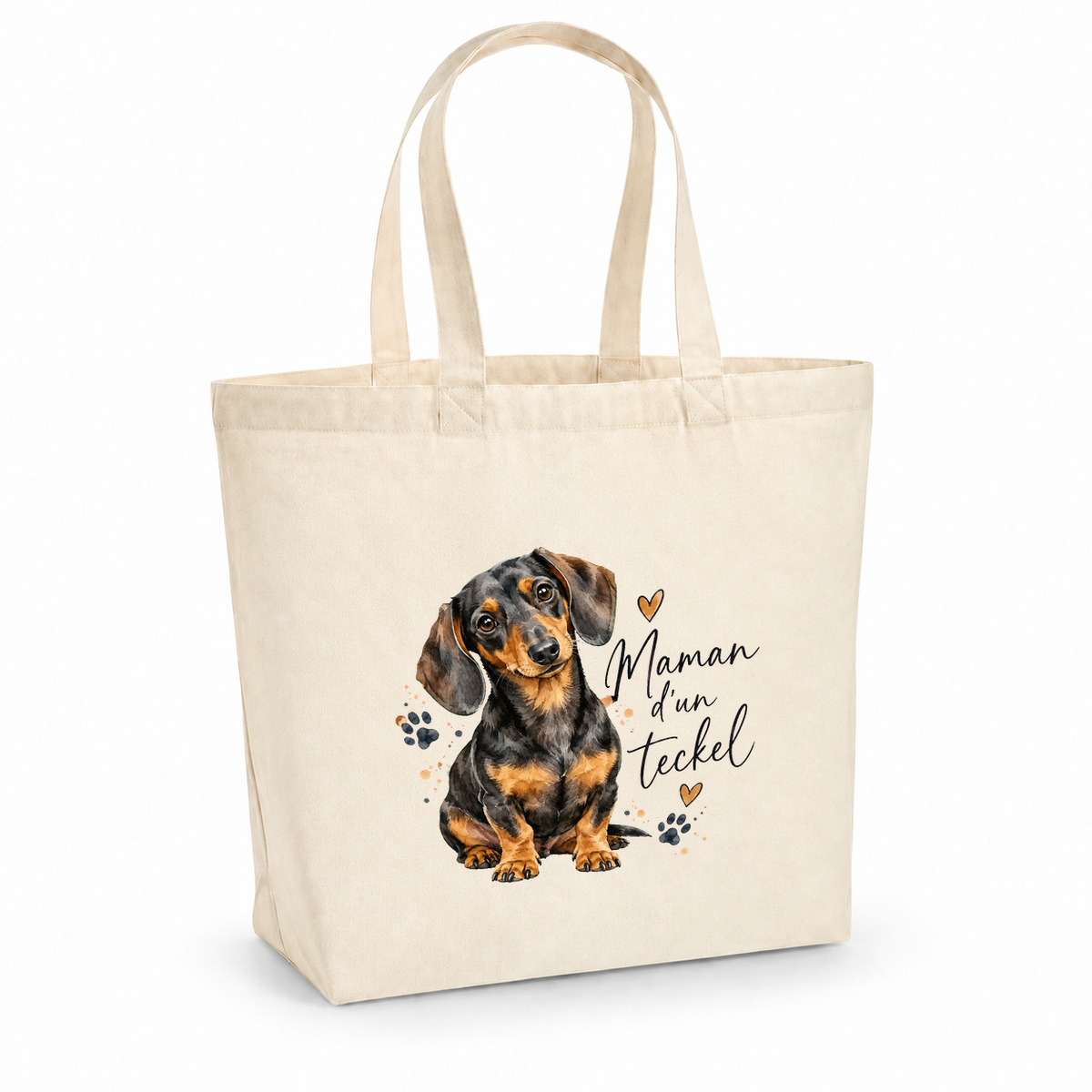 Tote bag teckel « Maman d'un teckel » Premium, cabas à soufflet en coton naturel 200 g/m² de 18 litres, portrait à l'aquarelle d'un teckel noir et feu assis