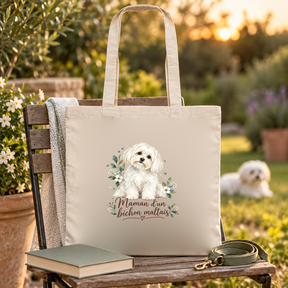 Tote bag bichon maltais « Maman d'un bichon maltais » Essentiel posé sur une chaise de jardin avec un plaid et un livre, un bichon maltais dans l'herbe