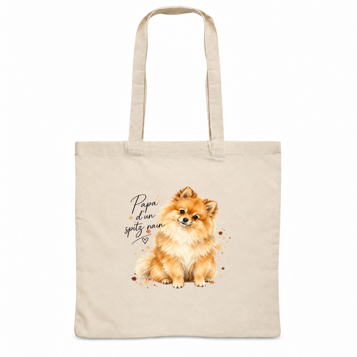 Tote bag spitz nain « Papa d'un spitz nain » Essentiel, sac plat en coton naturel 140 g/m² de 38 × 42 cm, portrait à l'aquarelle d'un spitz nain orange assis