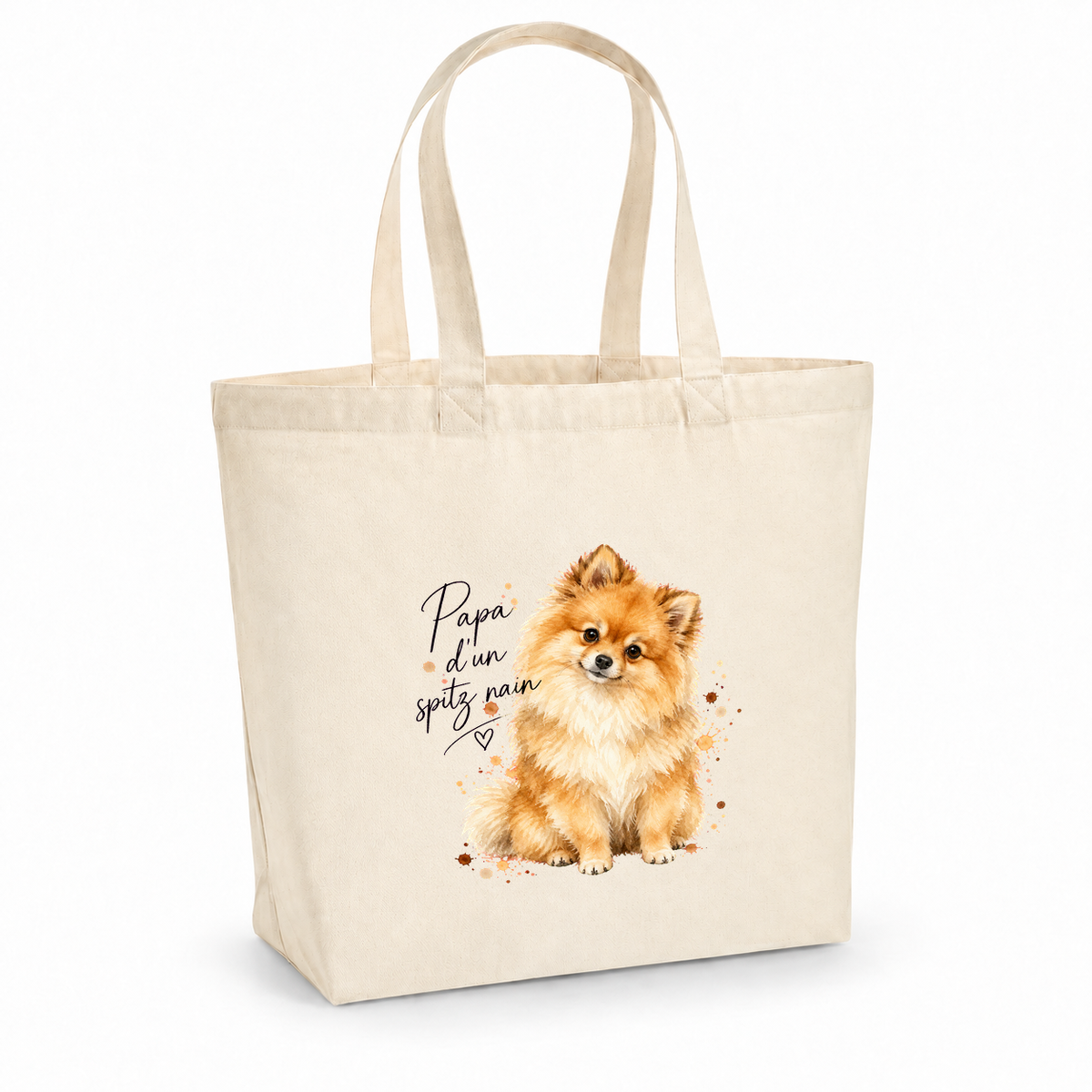 Tote bag spitz nain « Papa d'un spitz nain » Premium, cabas à soufflet en coton naturel 200 g/m² de 18 litres, portrait à l'aquarelle d'un spitz nain orange assis