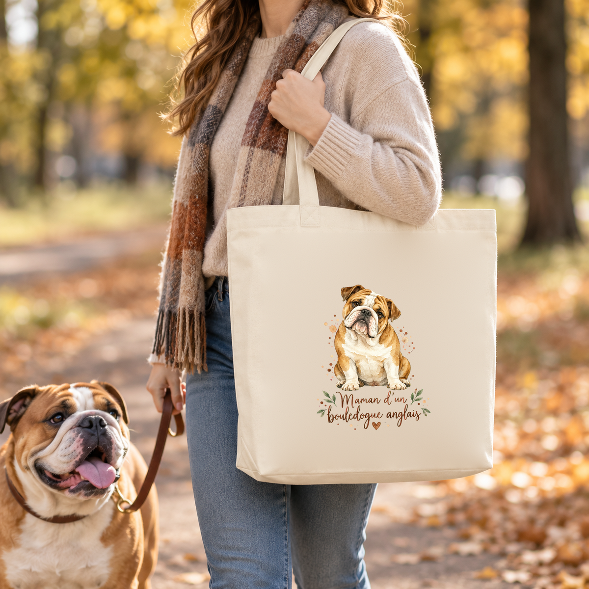 Tote bag bouledogue anglais « Maman d'un bouledogue anglais » Premium porté à l'épaule lors d'une balade d'automne, avec son bouledogue anglais