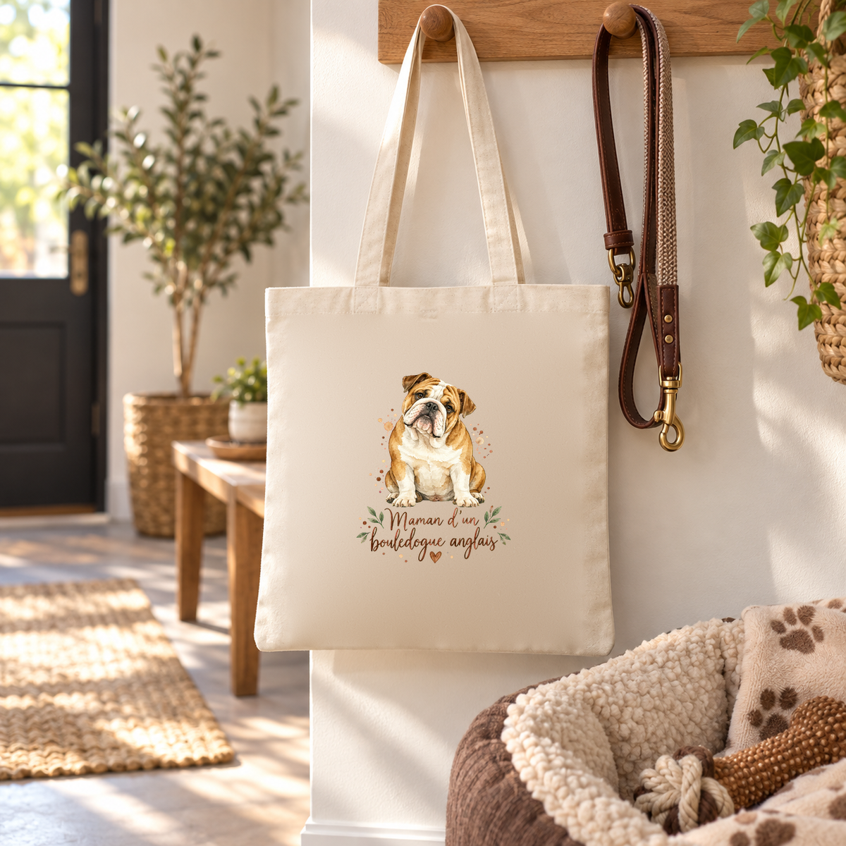 Tote bag bouledogue anglais « Maman d'un bouledogue anglais » Essentiel suspendu à une patère d'entrée, à côté d'une laisse et d'un panier