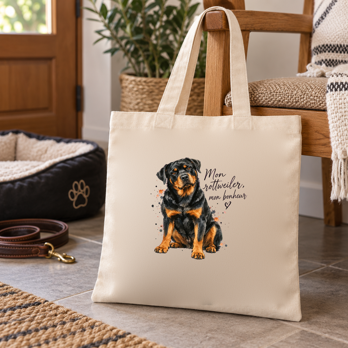 Tote bag rottweiler « Mon rottweiler, mon bonheur » Essentiel posé sur une banquette d'entrée, à côté d'une laisse et d'un panier