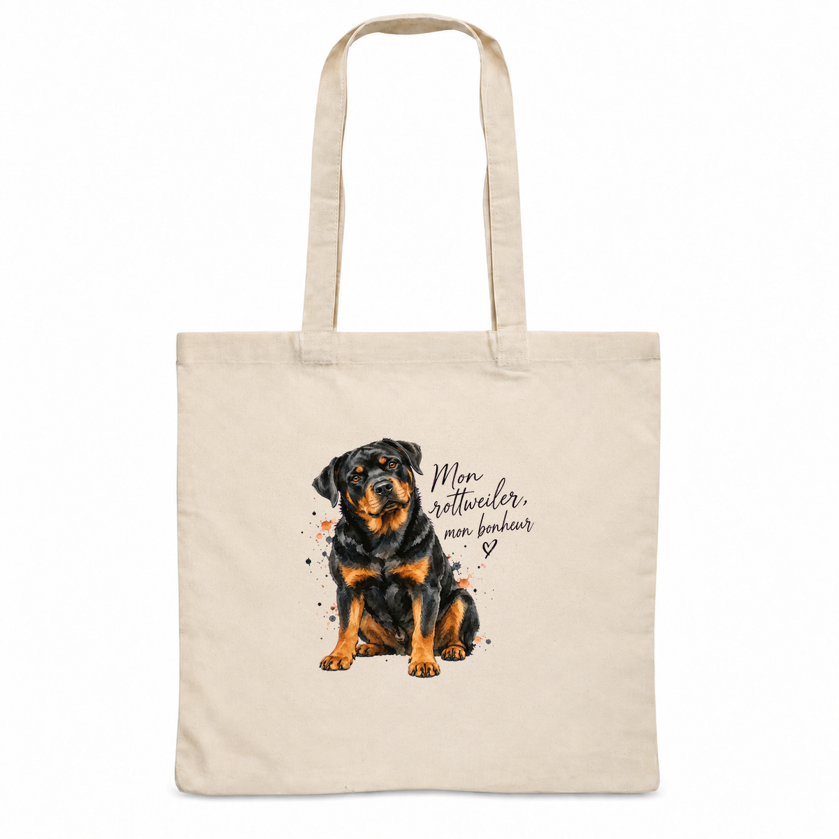 Tote bag rottweiler « Mon rottweiler, mon bonheur » Essentiel, sac plat en coton naturel 140 g/m² de 38 × 42 cm, portrait à l'aquarelle d'un rottweiler noir et feu assis