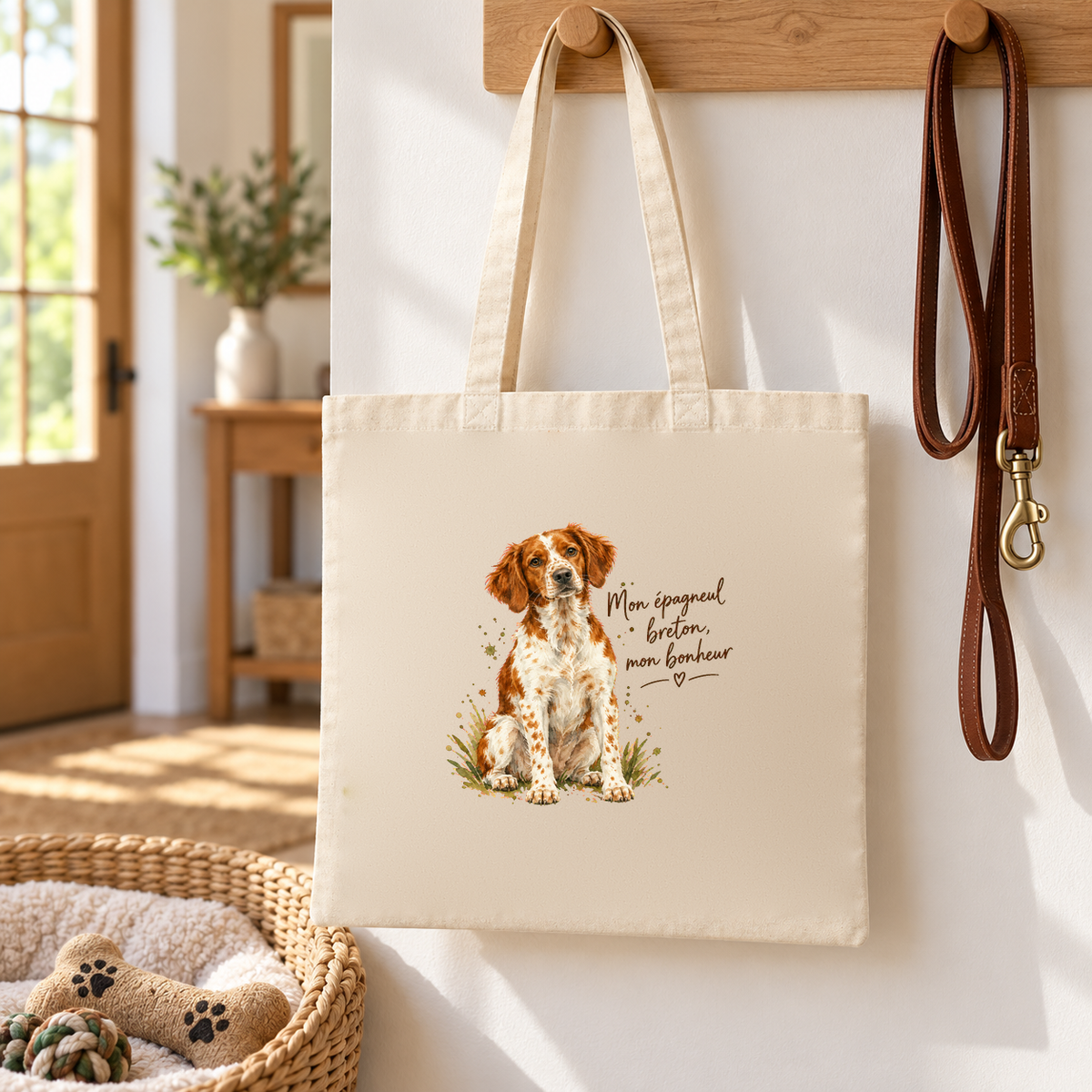 Tote bag épagneul breton « Mon épagneul breton, mon bonheur » Essentiel suspendu à une patère d'entrée, à côté d'une laisse et d'un panier