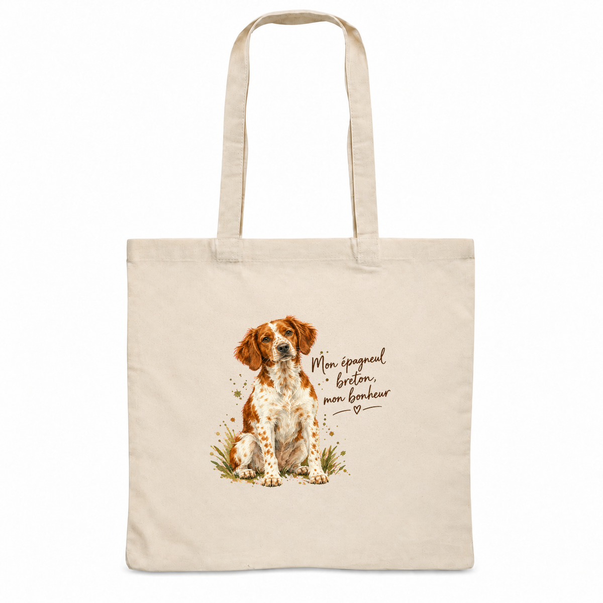 Tote bag épagneul breton « Mon épagneul breton, mon bonheur » Essentiel, sac plat en coton naturel 140 g/m² de 38 × 42 cm, portrait à l'aquarelle d'un épagneul breton blanc et orange assis