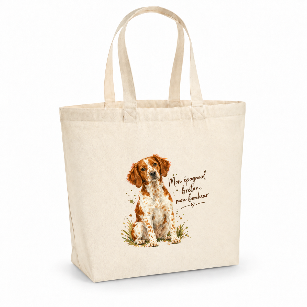 Tote bag épagneul breton « Mon épagneul breton, mon bonheur » Premium, cabas à soufflet en coton naturel 200 g/m² de 18 litres, portrait à l'aquarelle d'un épagneul breton blanc et orange assis
