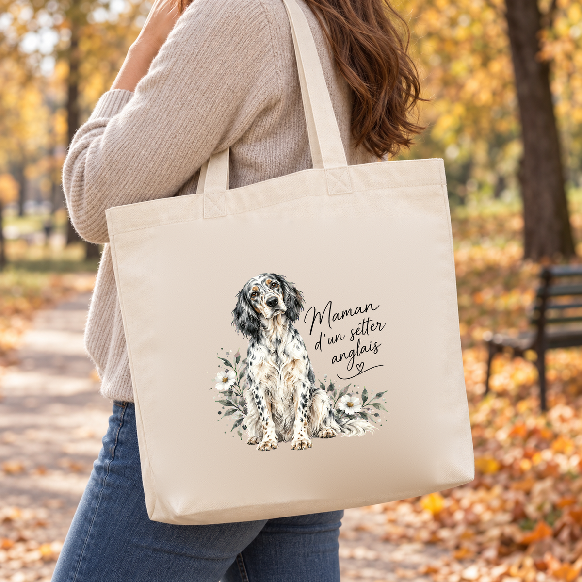 Tote bag setter anglais « Maman d'un setter anglais » Premium porté à l'épaule lors d'une balade d'automne dans un parc