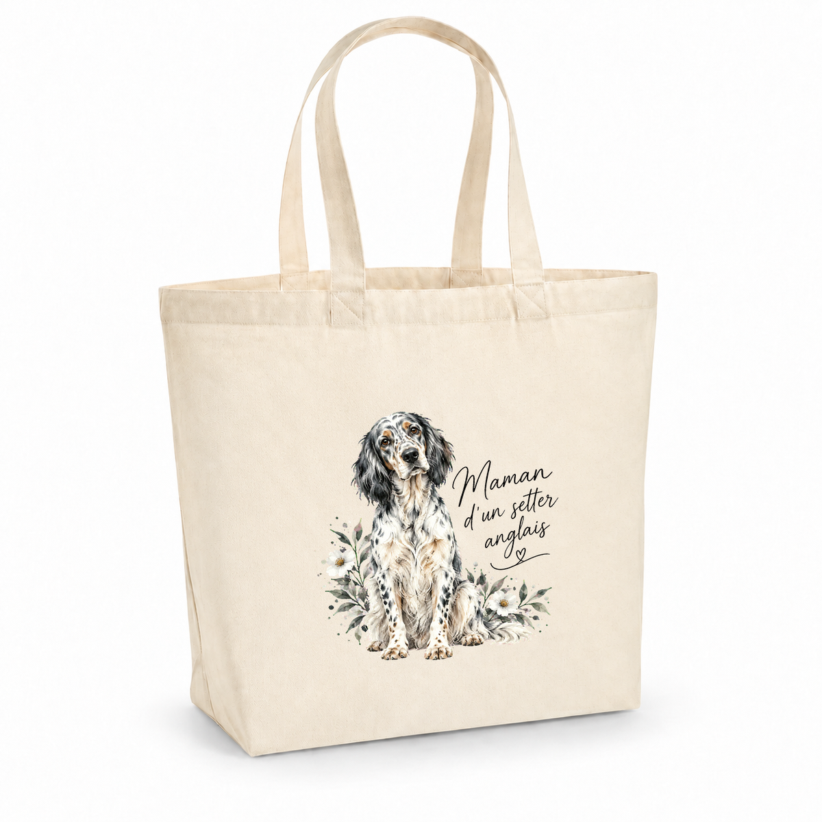 Tote bag setter anglais « Maman d'un setter anglais » Premium, cabas à soufflet en coton naturel 200 g/m² de 18 litres, portrait à l'aquarelle d'un setter anglais blanc moucheté de noir assis