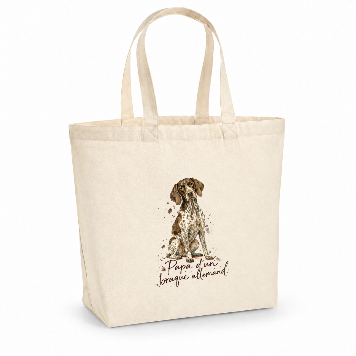 Tote bag braque allemand « Papa d'un braque allemand » Premium, cabas à soufflet en coton naturel 200 g/m² de 18 litres, portrait à l'aquarelle d'un braque allemand marron et blanc assis