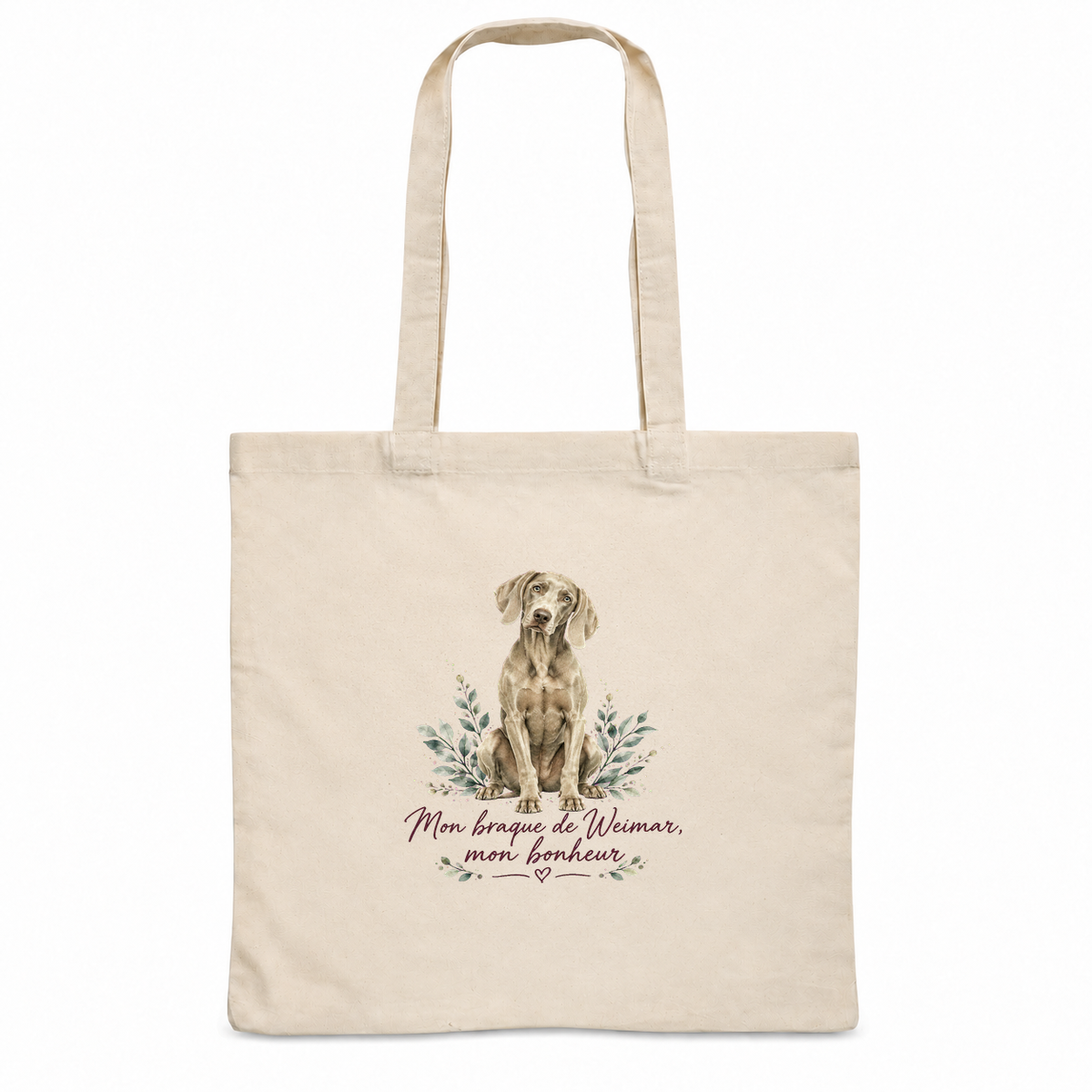 Tote bag braque de Weimar « Mon braque de Weimar, mon bonheur » Essentiel, sac plat en coton naturel 140 g/m² de 38 × 42 cm, portrait à l'aquarelle d'un braque de Weimar gris argent assis
