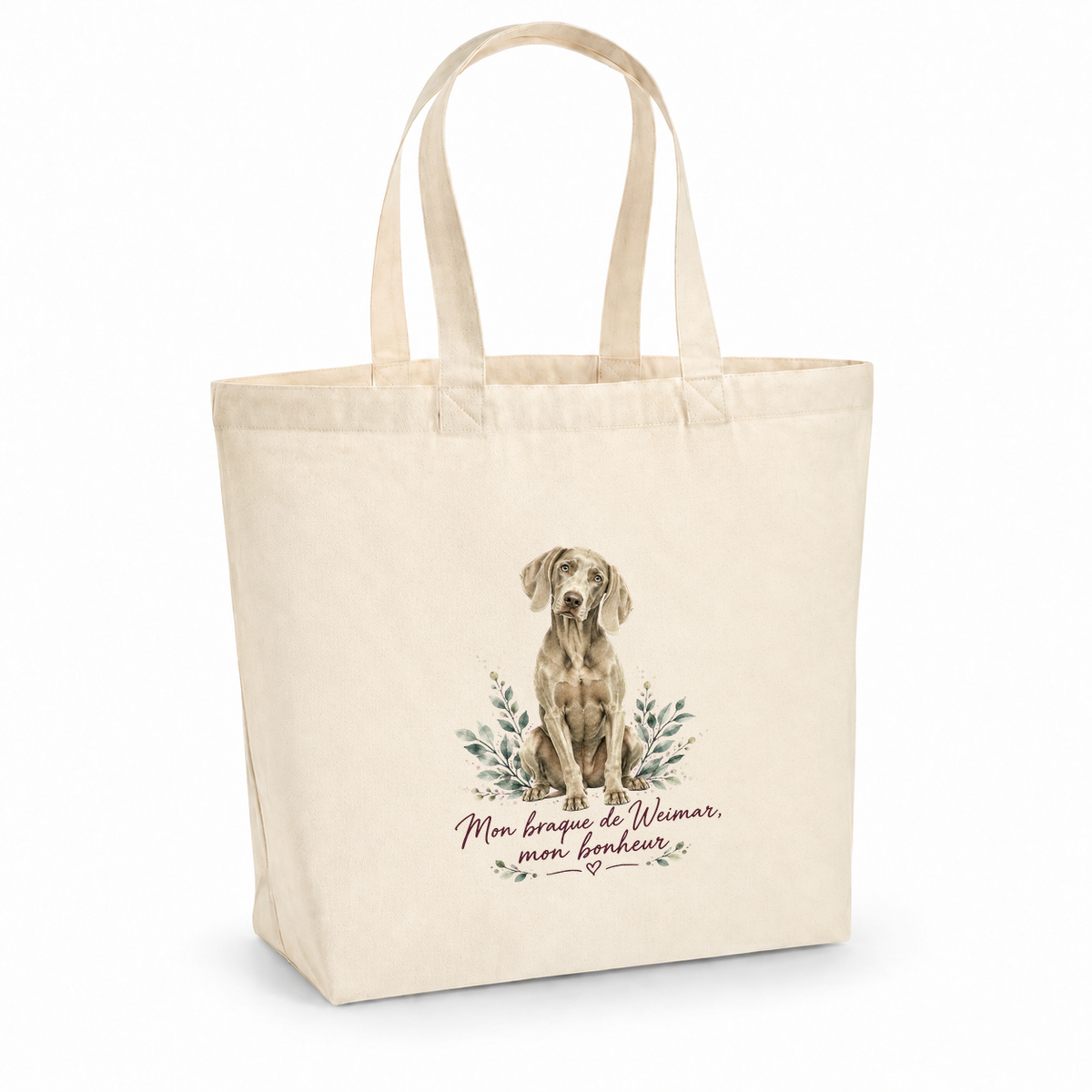 Tote bag braque de Weimar « Mon braque de Weimar, mon bonheur » Premium, cabas à soufflet en coton naturel 200 g/m² de 18 litres, portrait à l'aquarelle d'un braque de Weimar gris argent assis