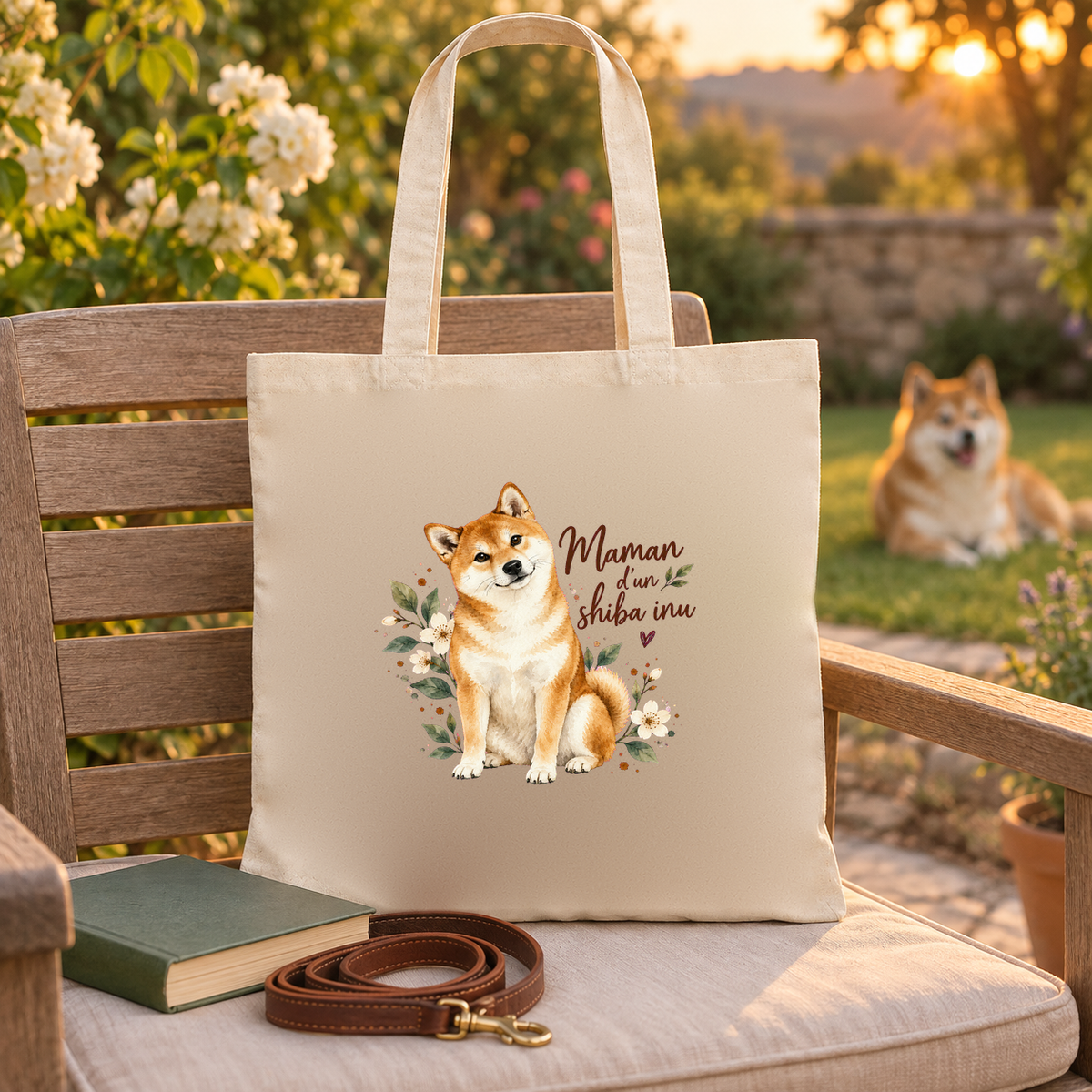 Tote bag shiba inu « Maman d'un shiba inu » Essentiel posé sur un banc de jardin, à côté d'un livre et d'une laisse, un shiba inu dans l'herbe