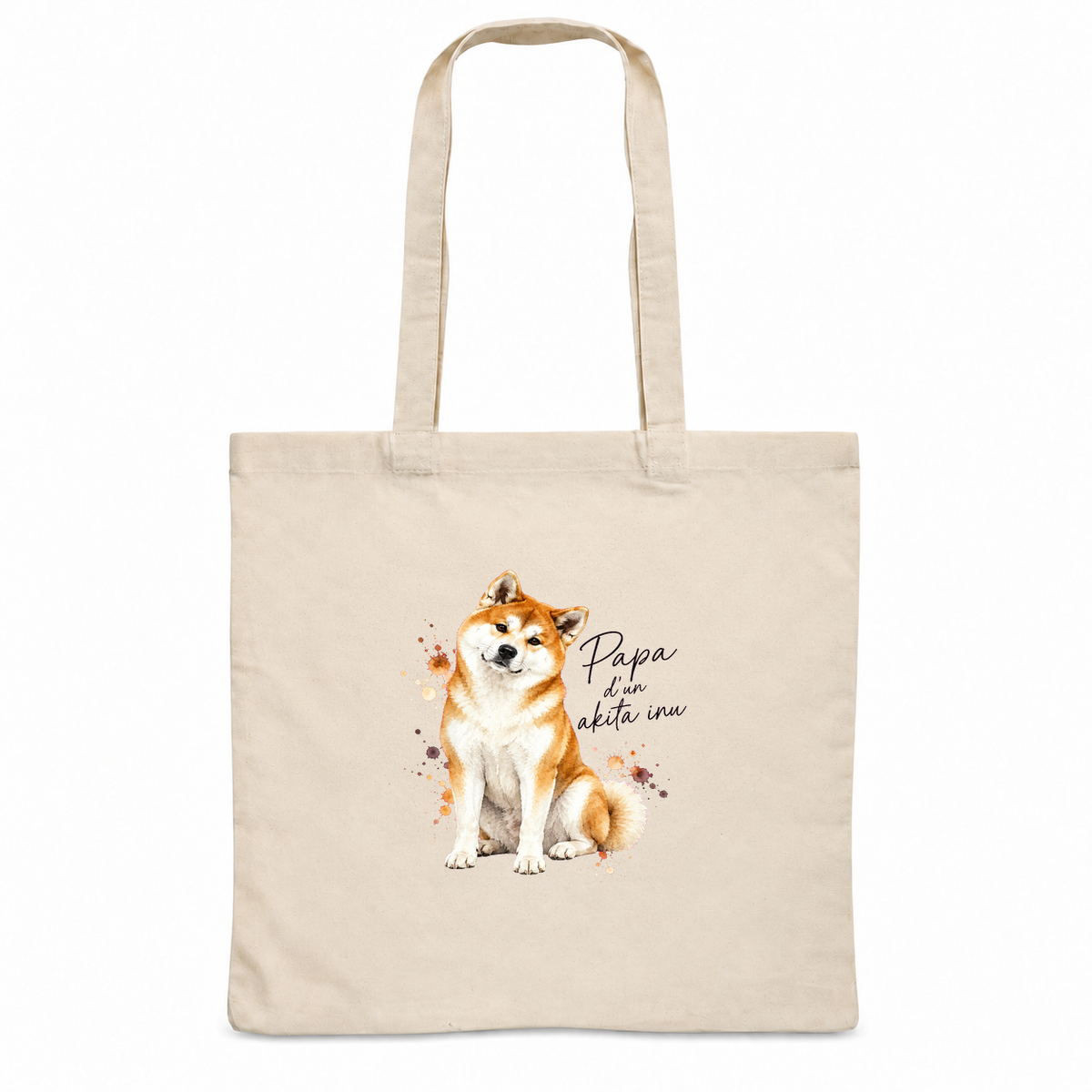 Tote bag akita inu « Papa d'un akita inu » Essentiel, sac plat en coton naturel 140 g/m² de 38 × 42 cm, portrait à l'aquarelle d'un akita inu roux et blanc assis