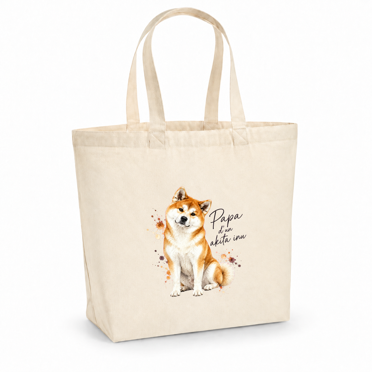 Tote bag akita inu « Papa d'un akita inu » Premium, cabas à soufflet en coton naturel 200 g/m² de 18 litres, portrait à l'aquarelle d'un akita inu roux et blanc assis