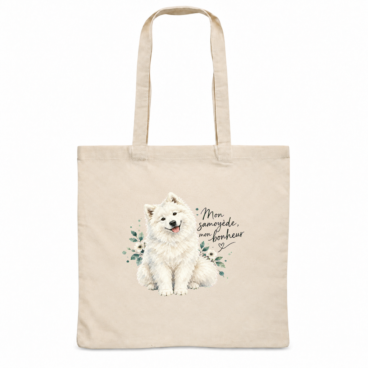 Tote bag samoyède « Mon samoyède, mon bonheur » Essentiel, sac plat en coton naturel 140 g/m² de 38 × 42 cm, portrait à l'aquarelle d'un samoyède blanc assis