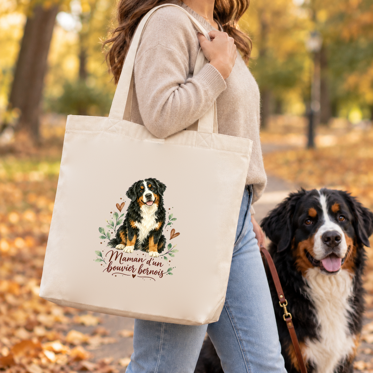 Tote bag bouvier bernois « Maman d'un bouvier bernois » Premium porté à l'épaule lors d'une balade d'automne dans un parc, un bouvier bernois en laisse