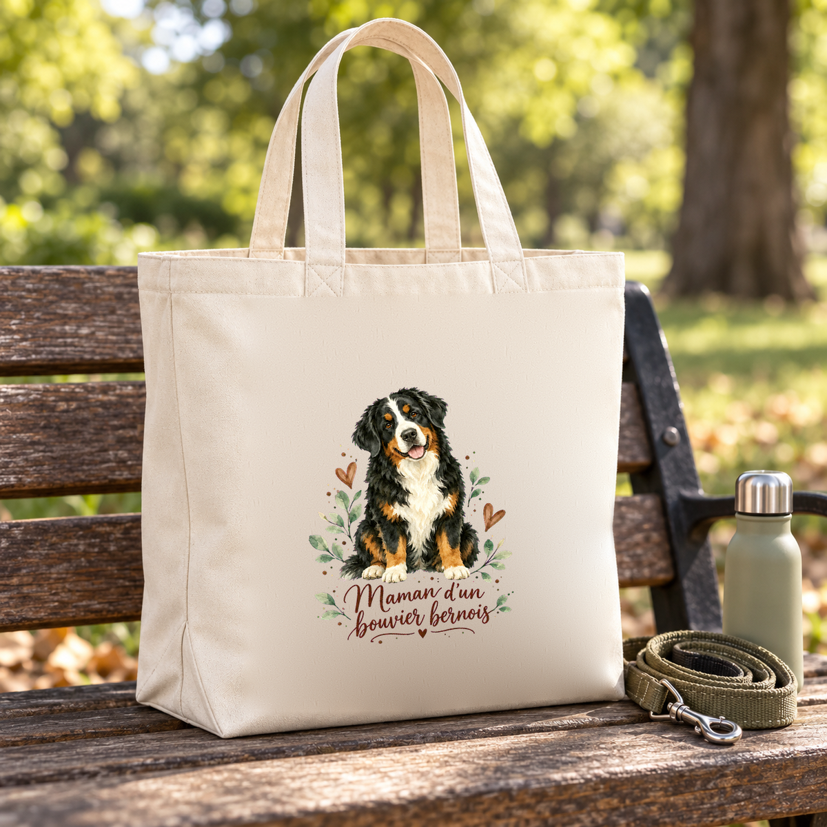 Tote bag bouvier bernois « Maman d'un bouvier bernois » Premium posé sur un banc de parc, à côté d'une gourde et d'une laisse