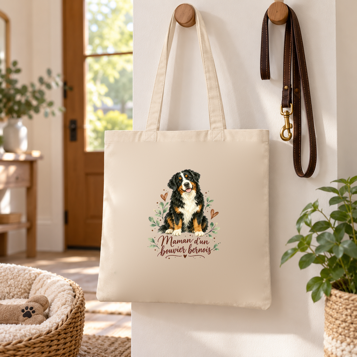 Tote bag bouvier bernois « Maman d'un bouvier bernois » Essentiel suspendu à une patère dans l'entrée, à côté d'une laisse et d'un panier pour chien