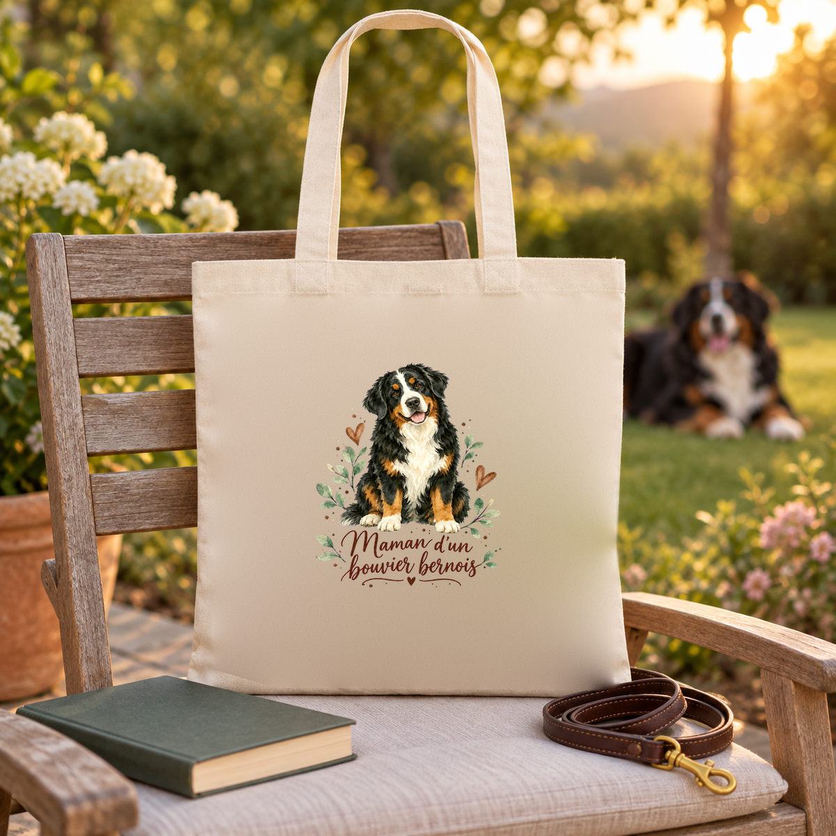Tote bag bouvier bernois « Maman d'un bouvier bernois » Essentiel posé sur une chaise de jardin au coucher du soleil, un bouvier bernois allongé dans l'herbe