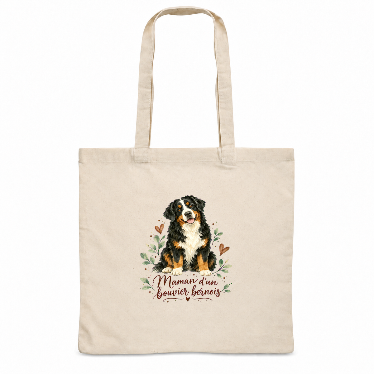 Tote bag bouvier bernois « Maman d'un bouvier bernois » Essentiel, sac plat en coton naturel 140 g/m² de 38 × 42 cm, portrait à l'aquarelle d'un bouvier bernois assis