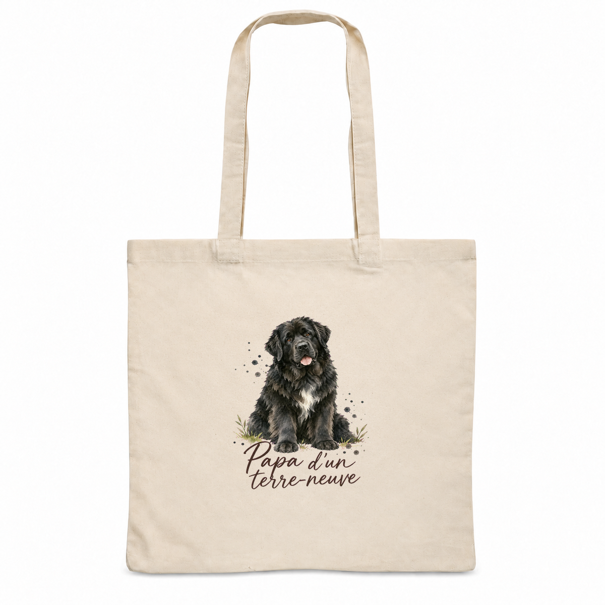 Tote bag terre-neuve « Papa d'un terre-neuve » Essentiel, sac plat en coton naturel 140 g/m² de 38 × 42 cm, portrait à l'aquarelle d'un terre-neuve noir assis