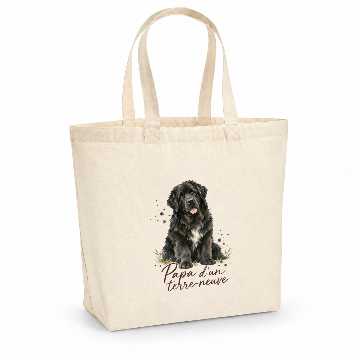 Tote bag terre-neuve « Papa d'un terre-neuve » Premium, cabas à soufflet en coton naturel 200 g/m² de 18 litres, portrait à l'aquarelle d'un terre-neuve noir assis