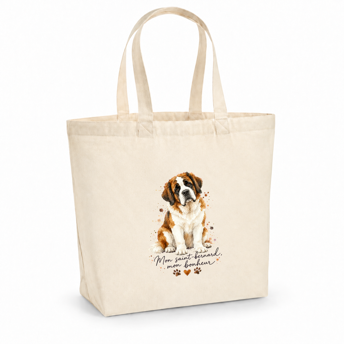 Tote bag saint-bernard « Mon saint-bernard, mon bonheur » Premium, cabas à soufflet en coton naturel 200 g/m² de 18 litres, portrait à l'aquarelle d'un saint-bernard assis