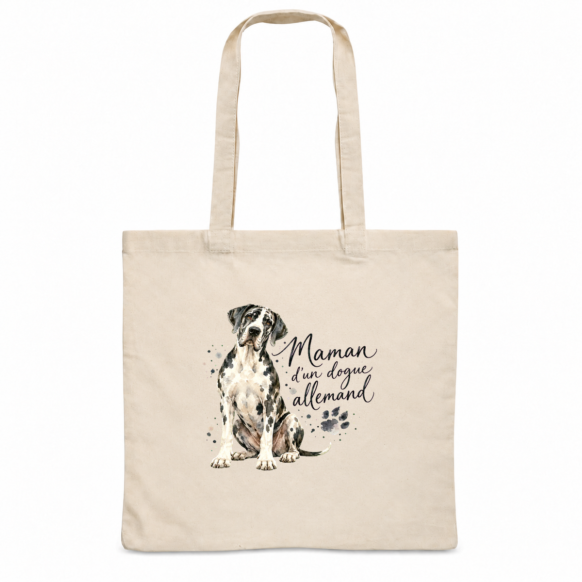 Tote bag dogue allemand « Maman d'un dogue allemand » Essentiel, sac plat en coton naturel 140 g/m² de 38 × 42 cm, portrait à l'aquarelle d'un dogue allemand arlequin assis