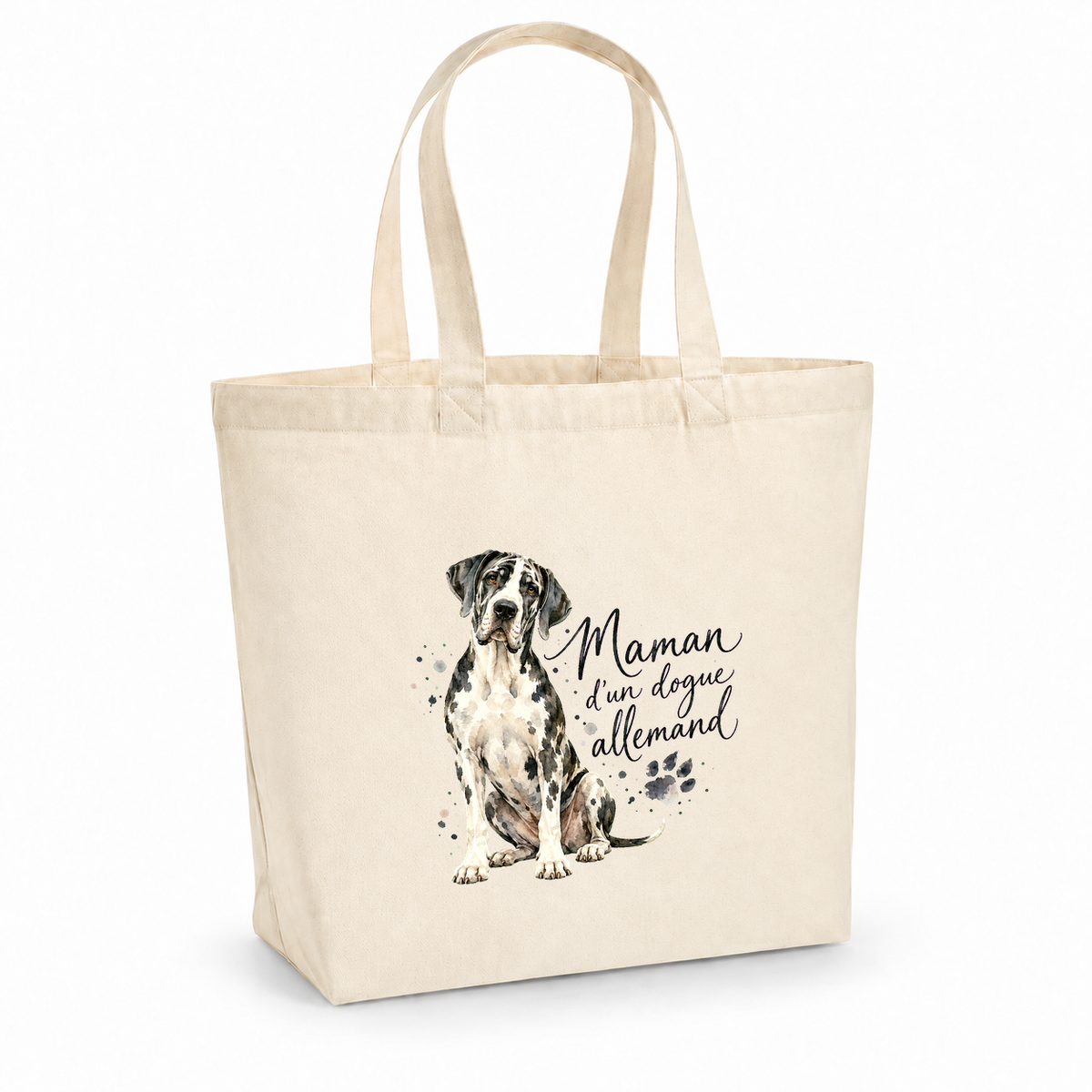 Tote bag dogue allemand « Maman d'un dogue allemand » Premium, cabas à soufflet en coton naturel 200 g/m² de 18 litres, portrait à l'aquarelle d'un dogue allemand arlequin assis