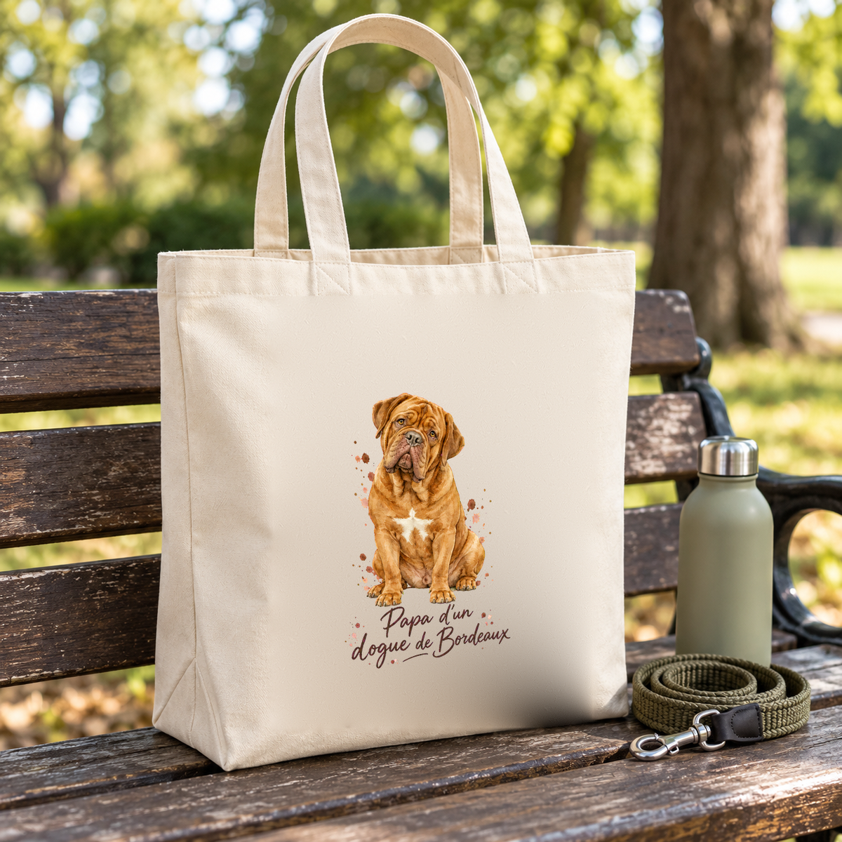 Tote bag dogue de Bordeaux « Papa d'un dogue de Bordeaux » Premium posé sur un banc de parc, à côté d'une gourde et d'une laisse