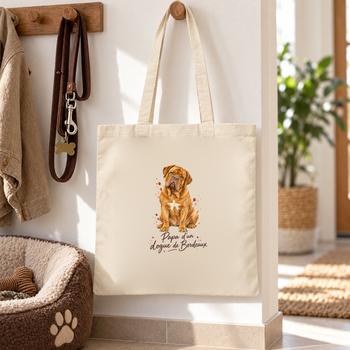 Tote bag dogue de Bordeaux « Papa d'un dogue de Bordeaux » Essentiel suspendu à une patère dans l'entrée, à côté d'une laisse et d'un panier pour chien