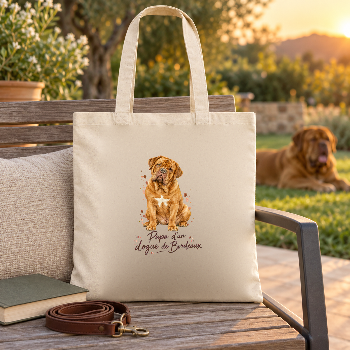 Tote bag dogue de Bordeaux « Papa d'un dogue de Bordeaux » Essentiel posé sur une chaise de jardin au coucher du soleil, un dogue de Bordeaux allongé dans l'herbe