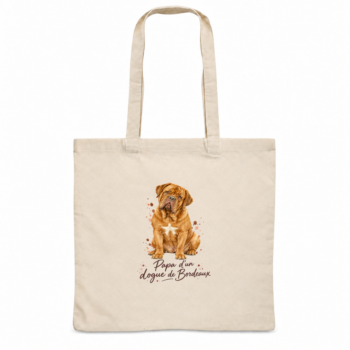 Tote bag dogue de Bordeaux « Papa d'un dogue de Bordeaux » Essentiel, sac plat en coton naturel 140 g/m² de 38 × 42 cm, portrait à l'aquarelle d'un dogue de Bordeaux assis