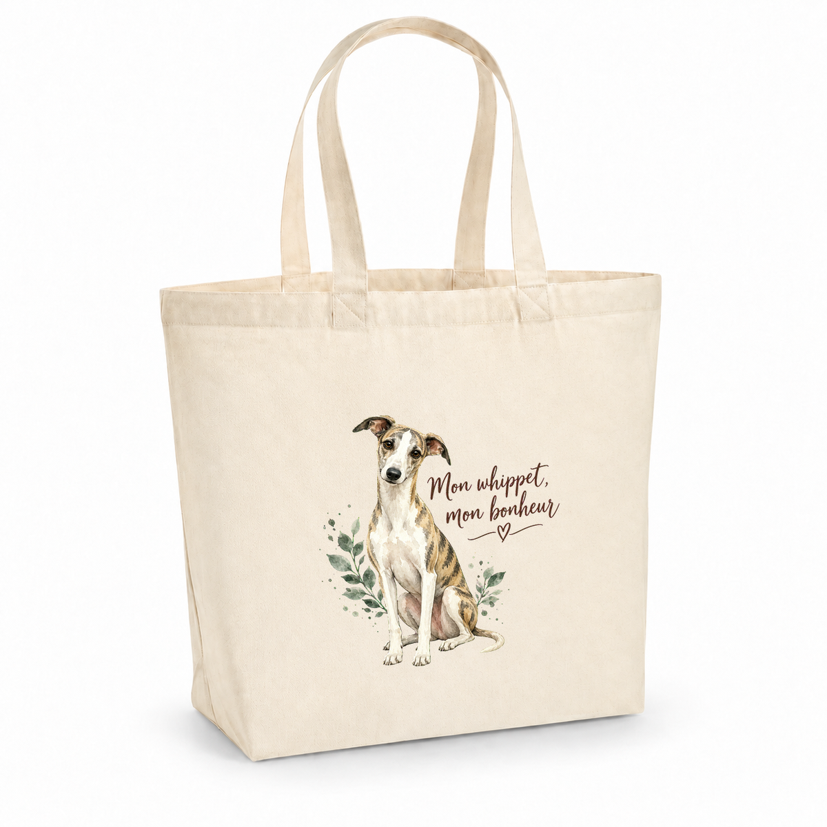 Tote bag whippet « Mon whippet, mon bonheur » Premium, cabas à soufflet en coton naturel 200 g/m² de 18 litres, portrait à l'aquarelle d'un whippet bringé et blanc assis