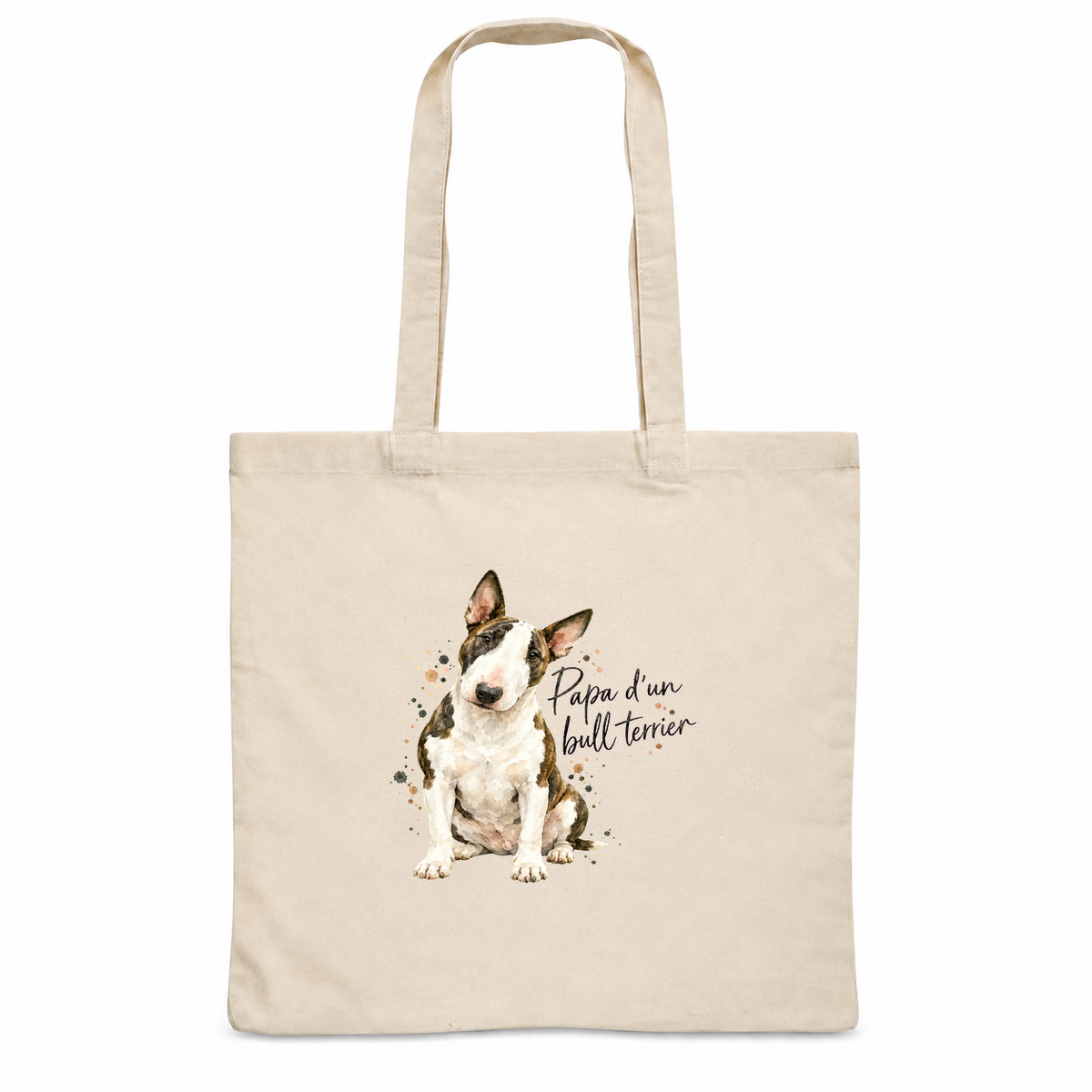 Tote bag bull terrier « Papa d'un bull terrier » Essentiel, sac plat en coton naturel 140 g/m² de 38 × 42 cm, portrait à l'aquarelle d'un bull terrier blanc et bringé assis