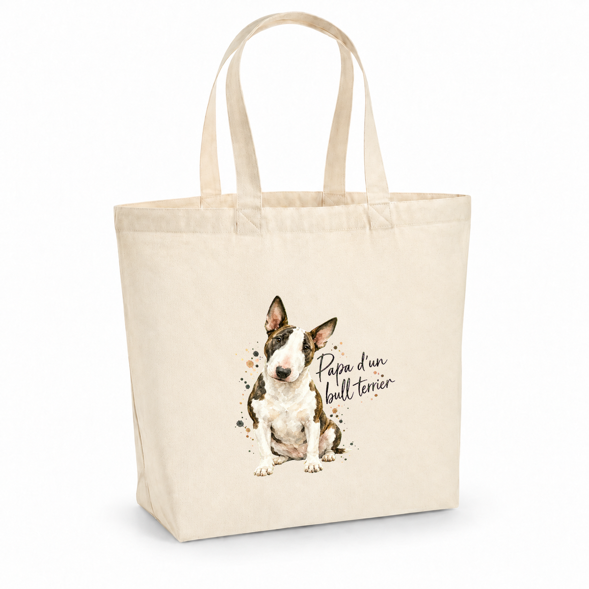 Tote bag bull terrier « Papa d'un bull terrier » Premium, cabas à soufflet en coton naturel 200 g/m² de 18 litres, portrait à l'aquarelle d'un bull terrier blanc et bringé assis