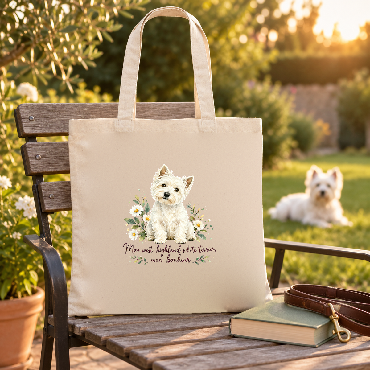 Tote bag west highland white terrier Essentiel posé sur une chaise de jardin au coucher du soleil, un westie allongé dans l'herbe