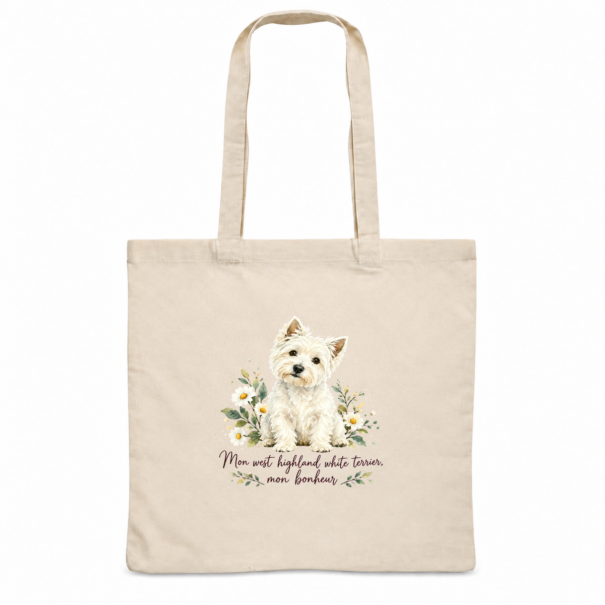 Tote bag west highland white terrier Essentiel, sac plat en coton naturel 140 g/m² de 38 × 42 cm, portrait à l'aquarelle d'un westie blanc assis