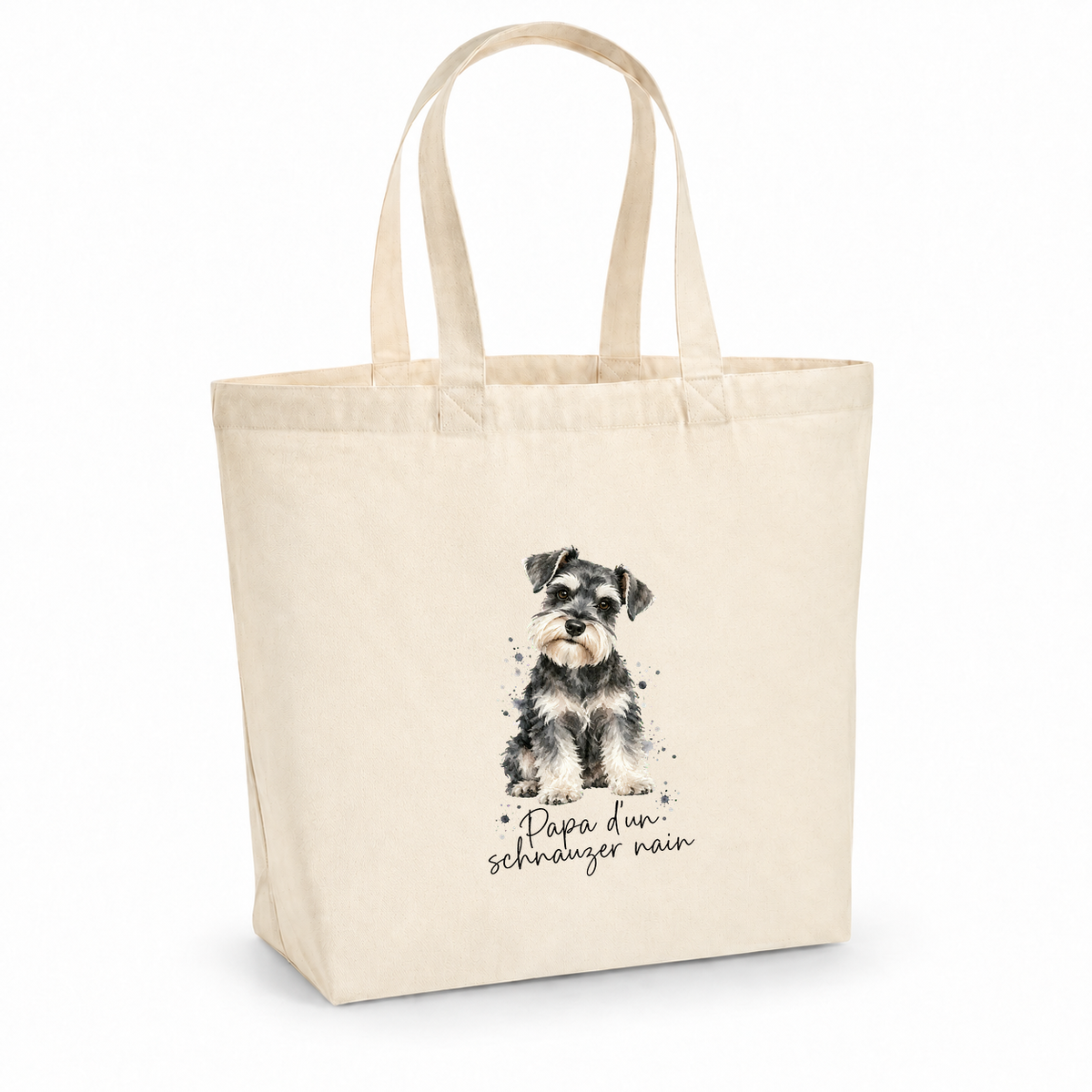 Tote bag schnauzer nain « Papa d'un schnauzer nain » Premium, cabas à soufflet en coton naturel 200 g/m² de 18 litres, portrait à l'aquarelle d'un schnauzer nain poivre et sel assis