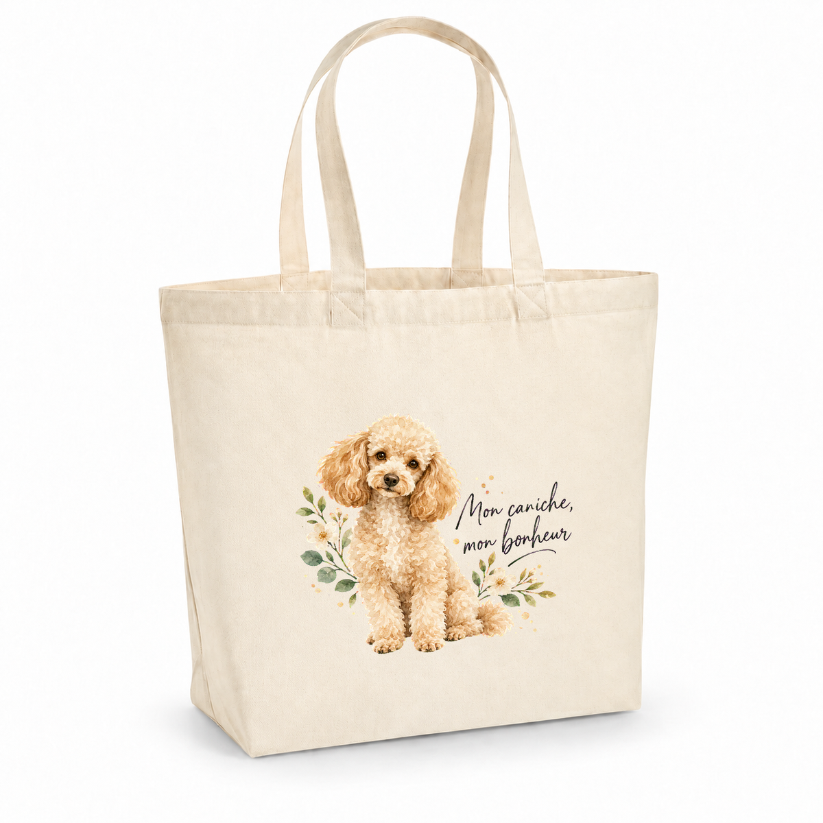 Tote bag caniche « Mon caniche, mon bonheur » Premium, cabas à soufflet en coton naturel 200 g/m² de 18 litres, portrait à l'aquarelle d'un caniche abricot assis