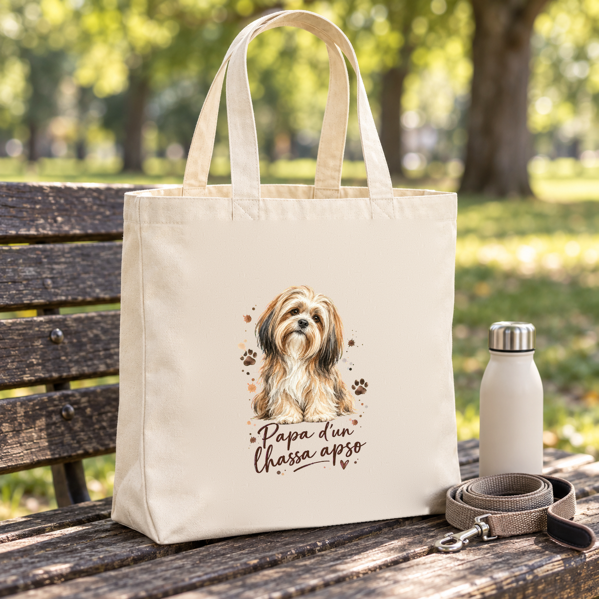 Tote bag lhassa apso « Papa d'un lhassa apso » Premium posé sur un banc de parc, à côté d'une gourde et d'une laisse