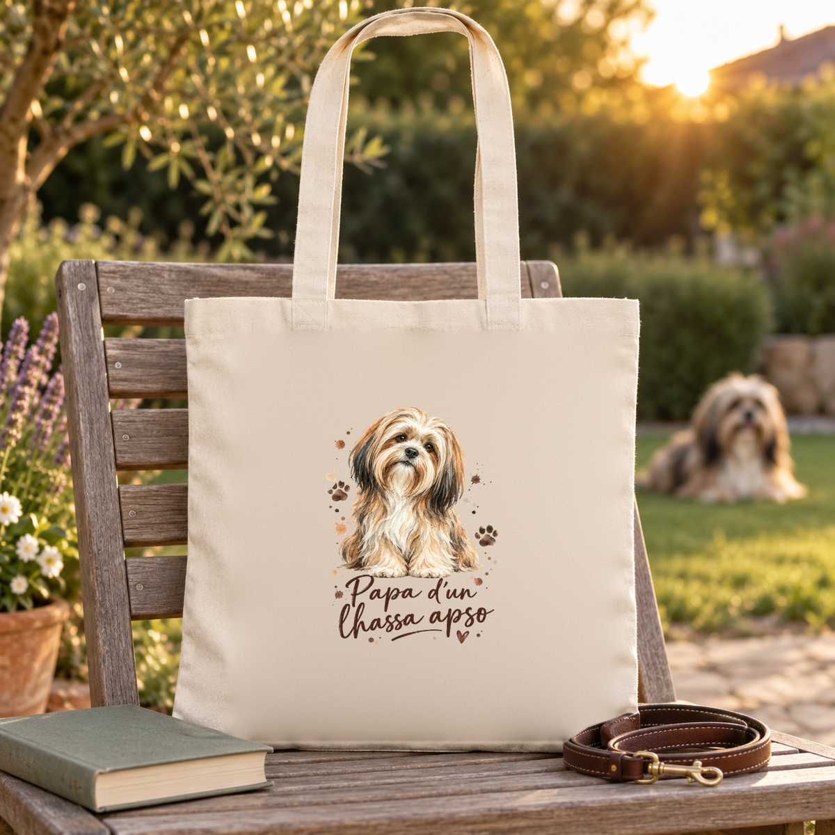 Tote bag lhassa apso « Papa d'un lhassa apso » Essentiel posé sur un banc de jardin, à côté d'un livre et d'une laisse, un lhassa apso dans l'herbe