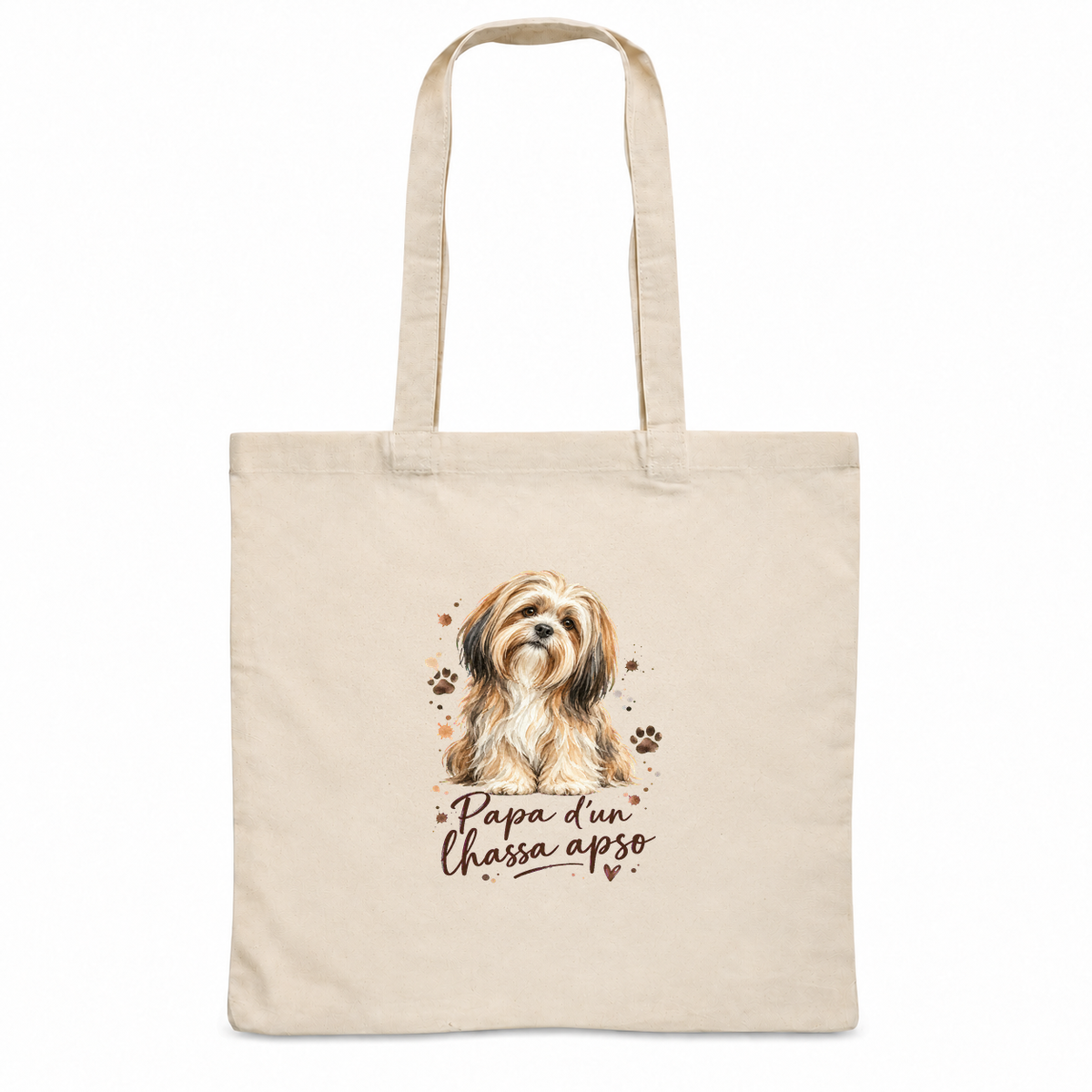 Tote bag lhassa apso « Papa d'un lhassa apso » Essentiel, sac plat en coton naturel 140 g/m² de 38 × 42 cm, portrait à l'aquarelle d'un lhassa apso doré et noir assis