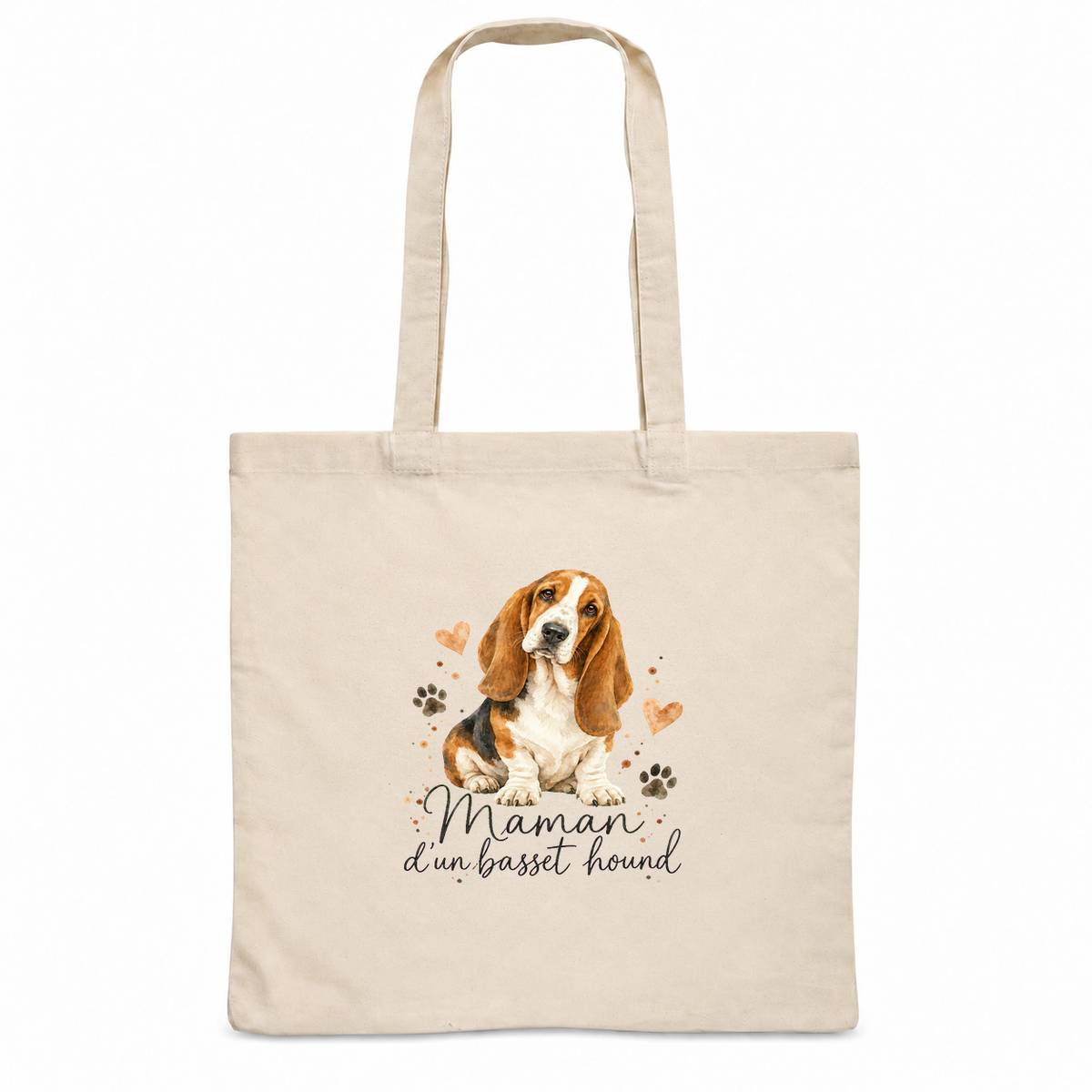 Tote bag basset hound « Maman d'un basset hound » Essentiel, sac plat en coton naturel 140 g/m² de 38 × 42 cm, portrait à l'aquarelle d'un basset hound tricolore assis