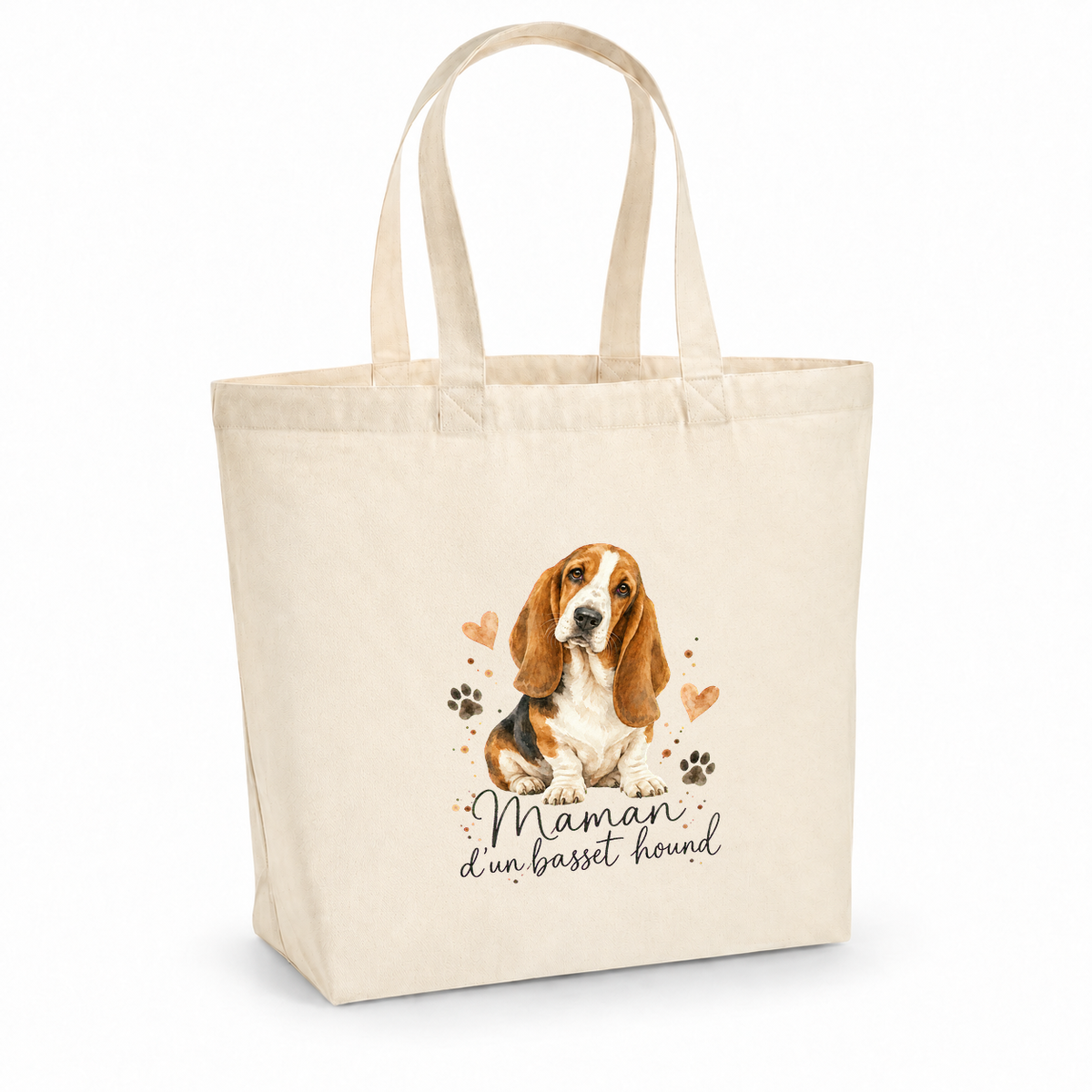 Tote bag basset hound « Maman d'un basset hound » Premium, cabas à soufflet en coton naturel 200 g/m² de 18 litres, portrait à l'aquarelle d'un basset hound tricolore assis
