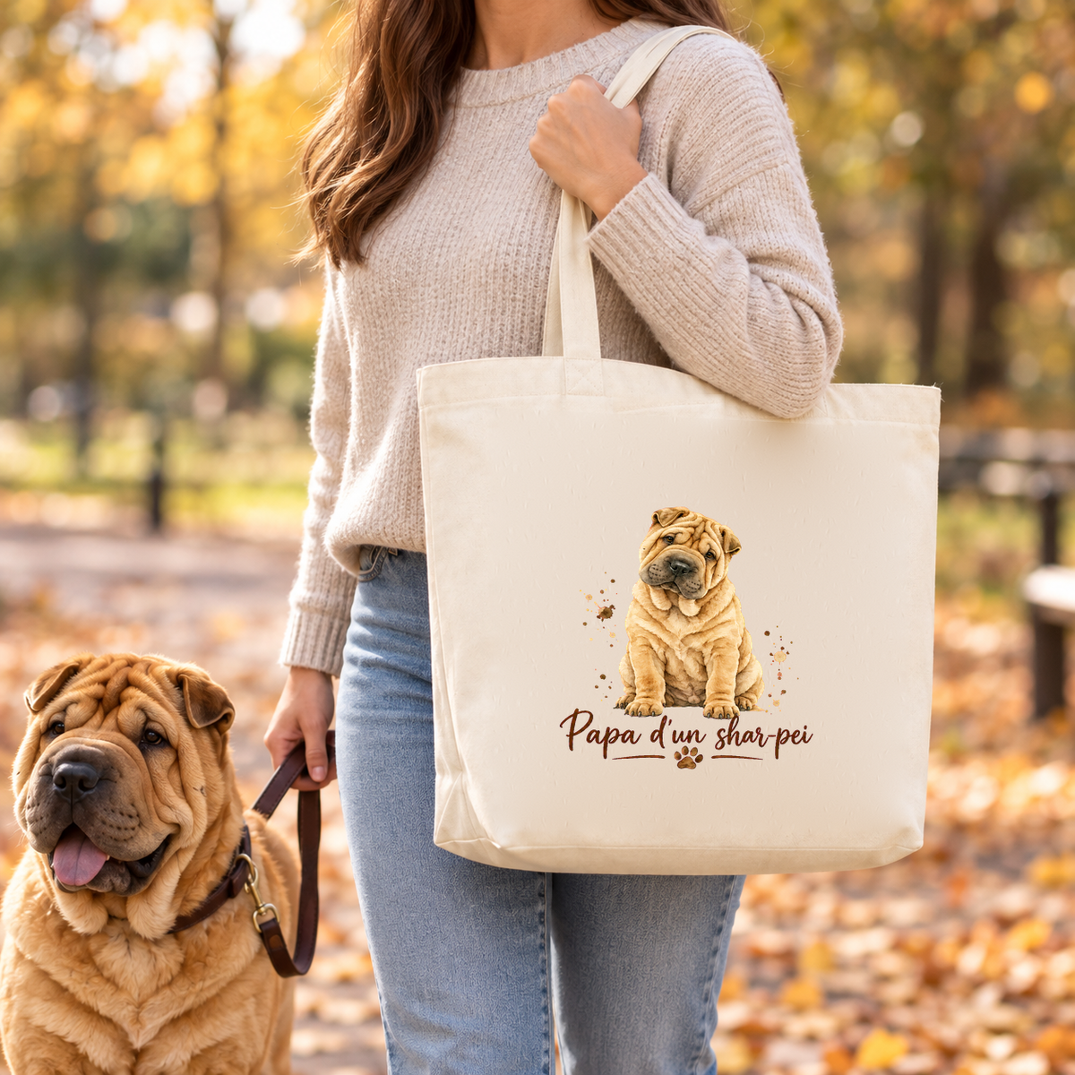 Tote bag shar-pei « Papa d'un shar-pei » Premium porté à l'épaule lors d'une balade d'automne dans un parc, un shar-pei en laisse